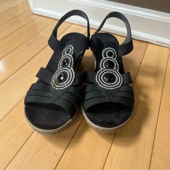 Rieker Wedge Sandals Womens Size 37 EU Shoes Black Slingback Espadrille Leather - Picture 3 of 9